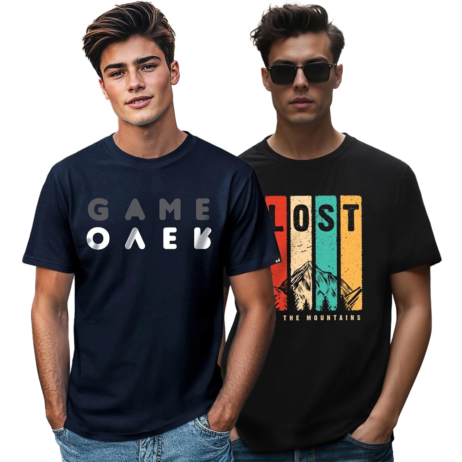 Bewakoof Confezione da 2 magliette da uomo con stampa grafica regular fit mezza manica girocollo in puro cotone