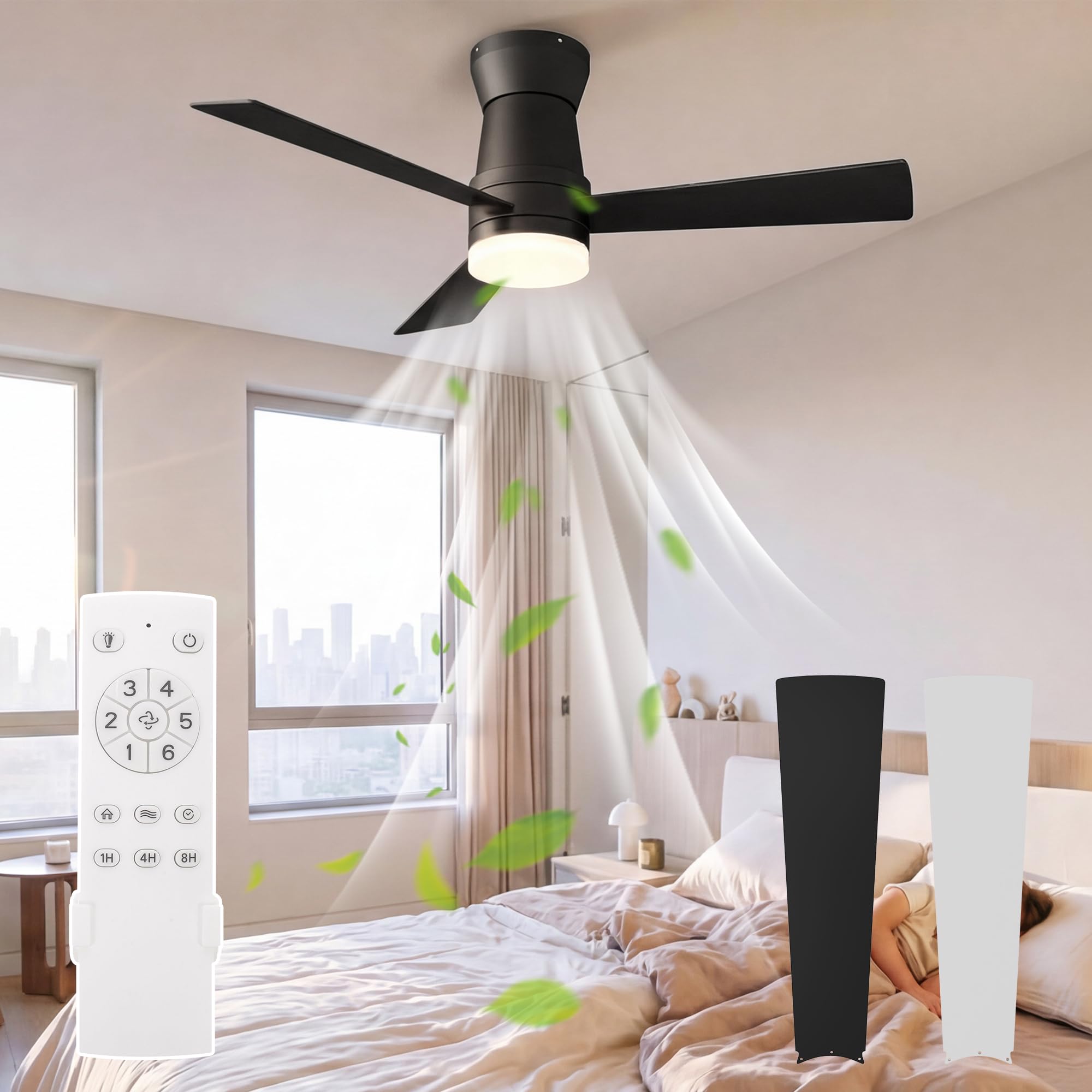 Ventilatore da soffitto con luce LED, motore DC silenzioso, 6 velocità, funzione estate inverno, illuminazione LED 3000K-6500K, nero: 52 pollici - 3 pale