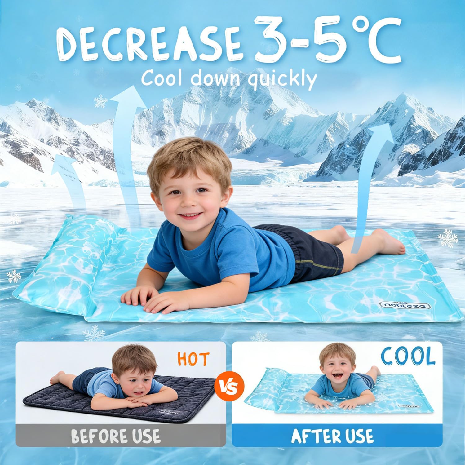Nobleza Alfombra Refrescante con Almohada Integrada para Cama – Gel Activado por Presión， Enfriamiento Instantáneo sin Agua ni Electricidad – Ideal para Fiebre， Sofocos， Sudores Nocturnos - 70x110cm