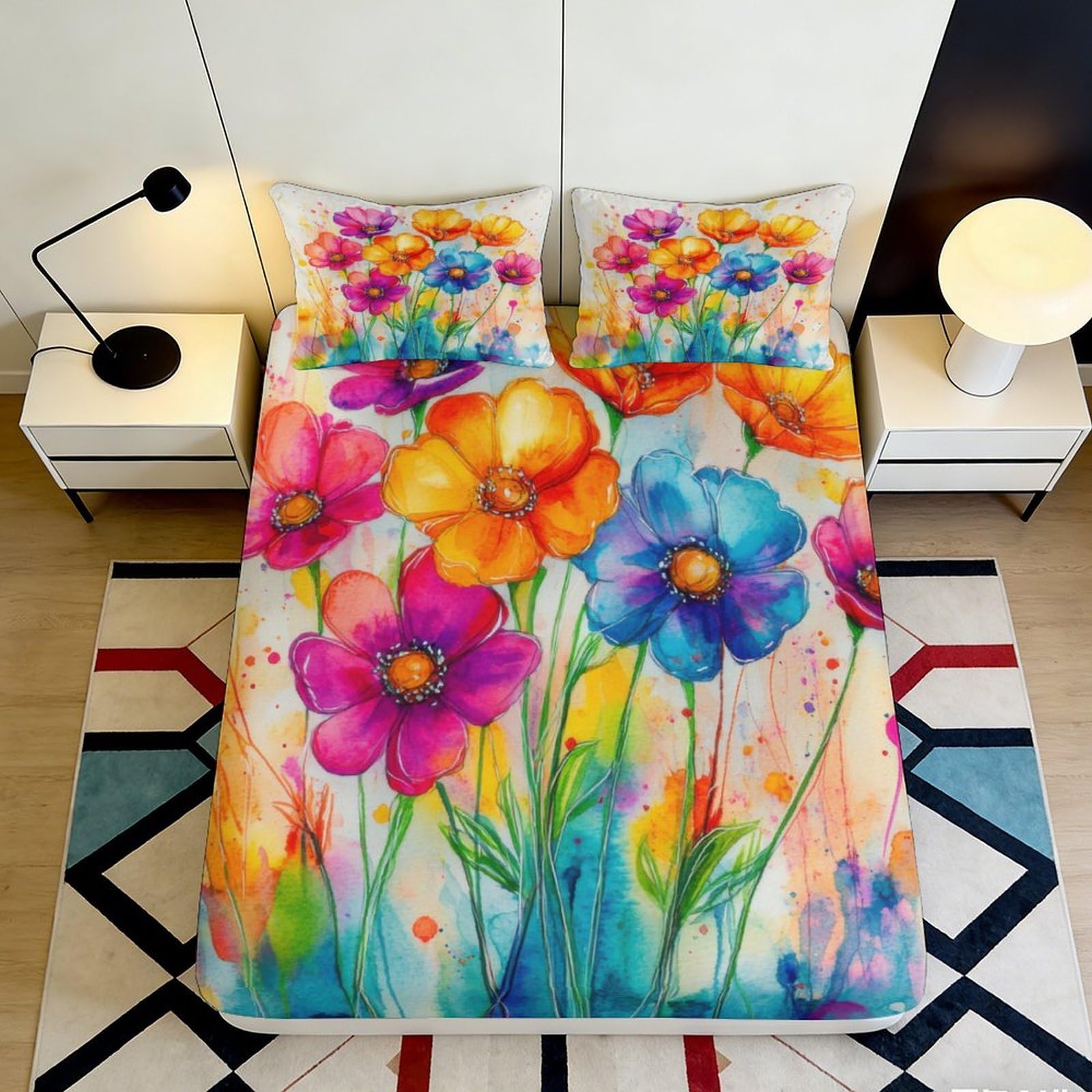 3D Printed Watercolor Flowers Fitted Sheet Microfiber Deep Pocket Bedroom Bedding Watercolor Flowers Mattress Fitted Cover Elastic Hem 140x200x25cm