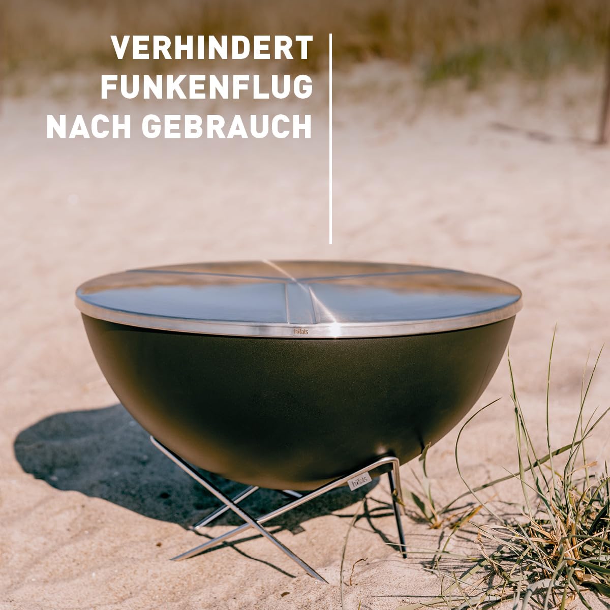 höfats - BOWL 57 Deckel - Abdeckung für Feuerschale um Funkenflug zu vermeiden - rutschsicher und wackelfest, gewölbter Deckel verhindert Wasseransammlung - aus gebürstetem Edelstahl