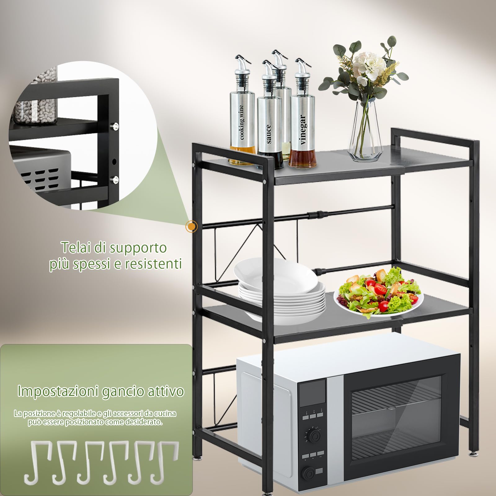 Scaffale a microonde a 2 livelli, larghezza regolabile, supporto per riporre il tostapane, scaffale cucina, allungabile da 40 a 63 cm, capacità di carico 75 kg (nero)