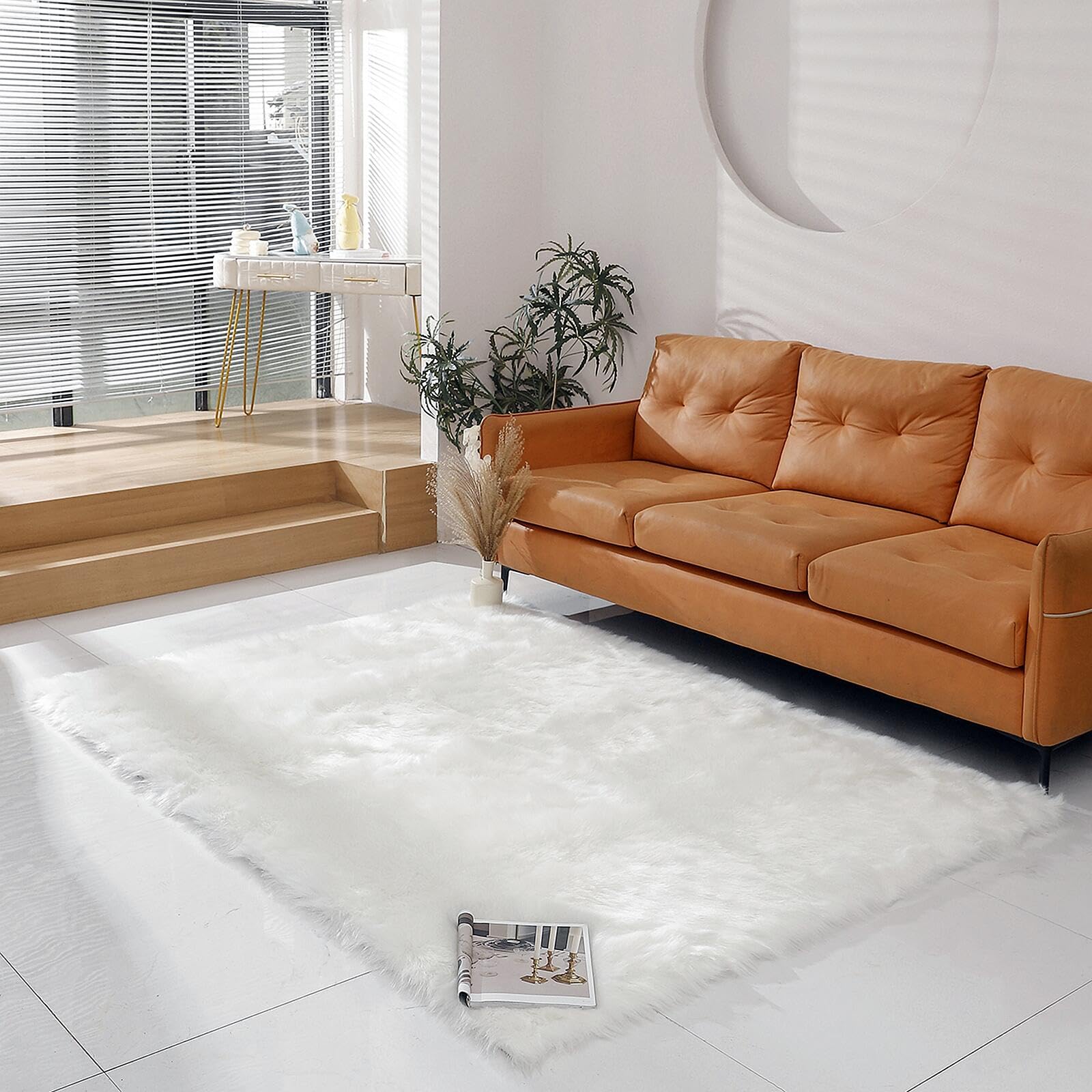 linmopm Faux Fur Rug Sheepskin Shag Fluffy Fuzzy 5x7 ft White Rugs for Bedroom Bedside Bed Floor Living Room Plush Rectangle High-Density Cushion
