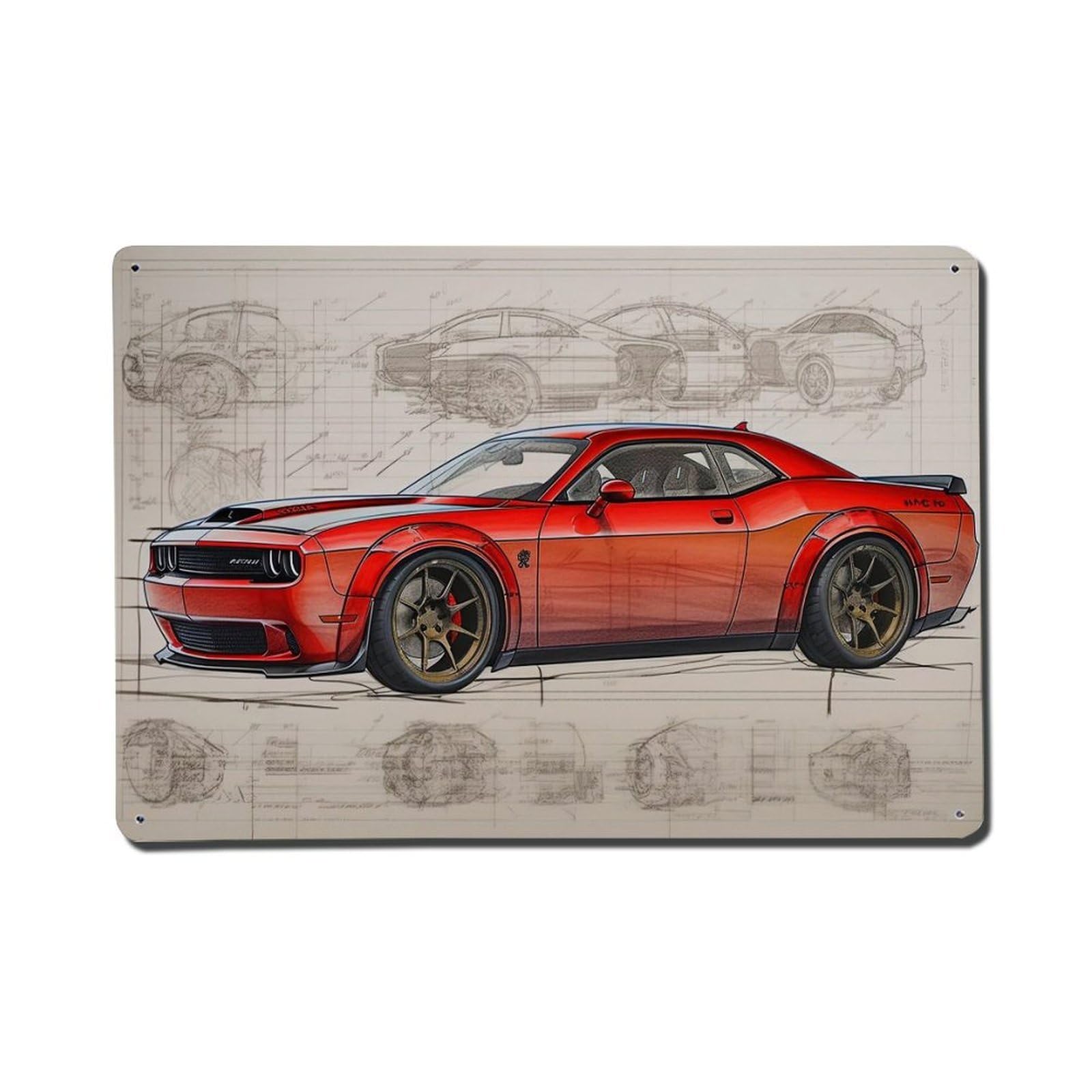 Muscle Car Painting Style for Hellcat Sport Car Metal Tin Sign Plaque Wall Decor for Cafe, Club, Garden Metal Poster 8x12Inch
