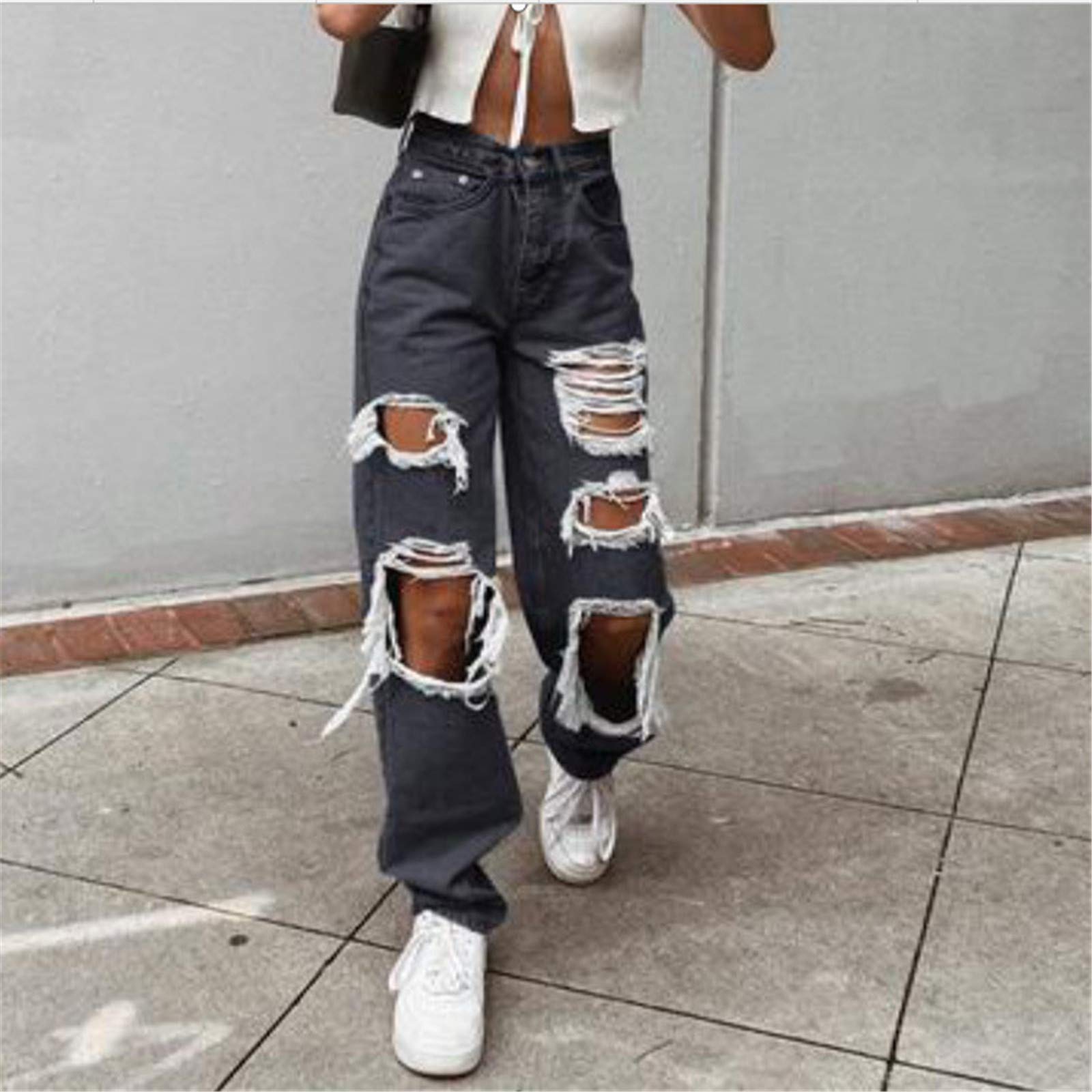 Pantalones vaqueros para mujer, cintura alta, con agujeros rectos, para adolescentes, niñas, boyfriend destruidos, informales, elásticos, elegantes, pantalones desgarrados, pantalones holgados Y2k,