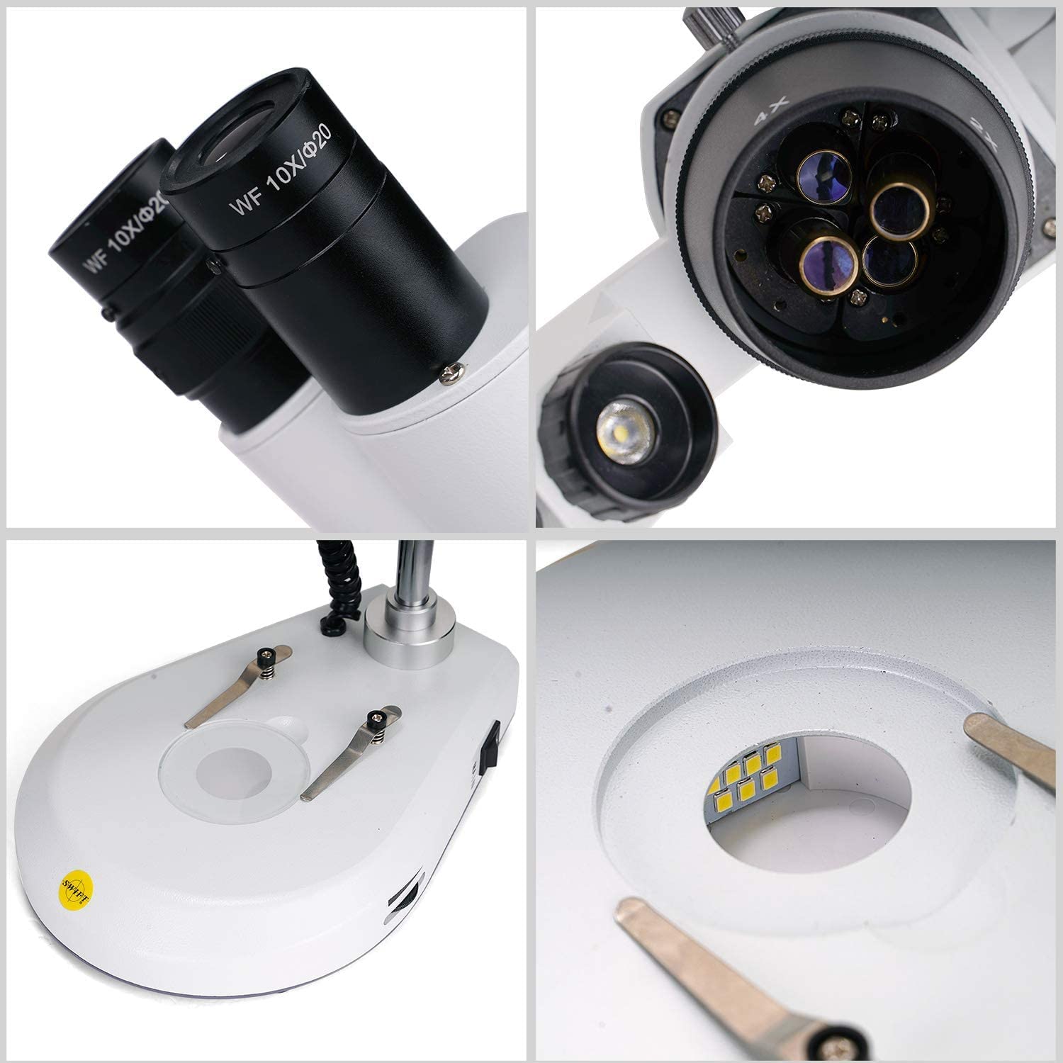 SWIFT Stereomicroscopio S306S-20-2L 20X / 40X / 80X, ruotabile di 360°, oculari a campo largo 10x e 20X, obiettivi 2X e 4X, illuminazione a LED superiore e inferiore dimmerabile (EU Spina)