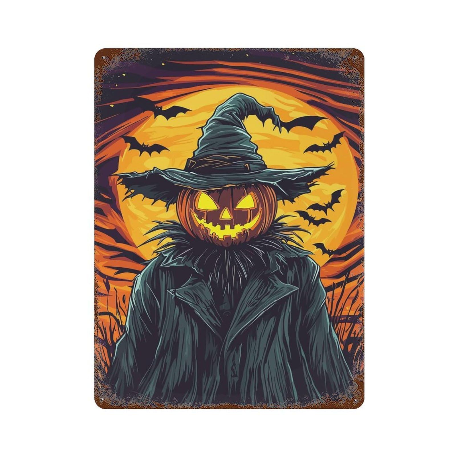 Vintage Metal Tin Sign Halloween Pumpkin Scarecrow with Bats 15.7"x11.8", Industrial Home Decor for Farmhouse, Kitchen And Entryway Decor