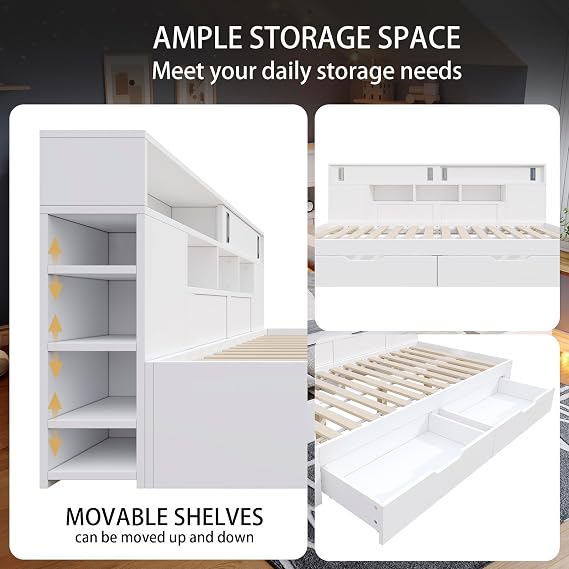 Day Bed with 2 Storage Drawer, 4ft6 Storage Bed with Open Shelving, Wooden Slats, Double Bed for Living Room Bedroom, White, 135x190 cm (No Mattress)