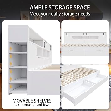 Day Bed with 2 Storage Drawer, 4ft6 Storage Bed with Open Shelving, Wooden Slats, Double Bed for Living Room Bedroom, White, 135x190 cm (No Mattress)