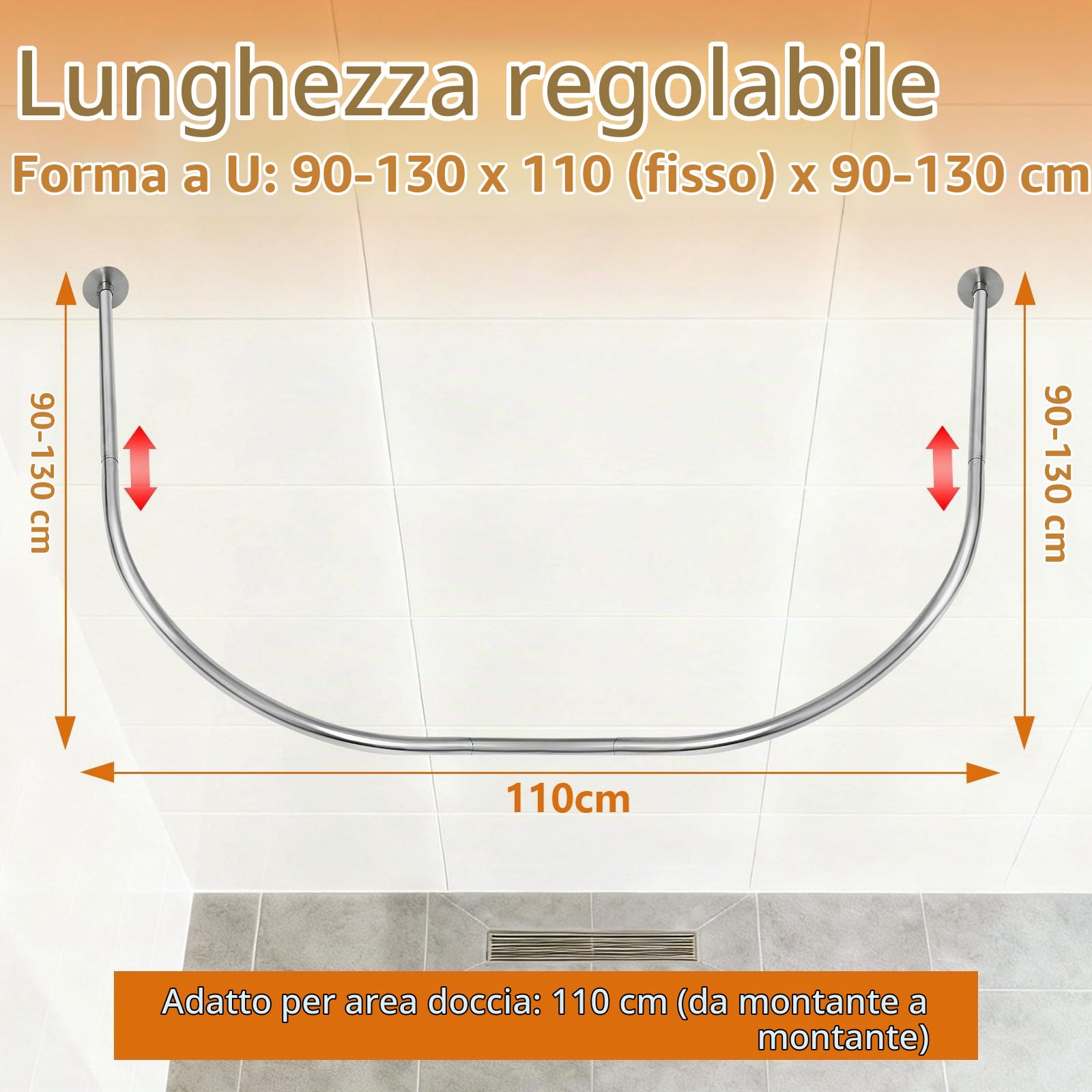 ZAIONE Binario per tenda da doccia a forma di U: regolabile 90-130 x 100 x 90-130 cm a forma di U / L curvo argento asta per tenda senza trapano