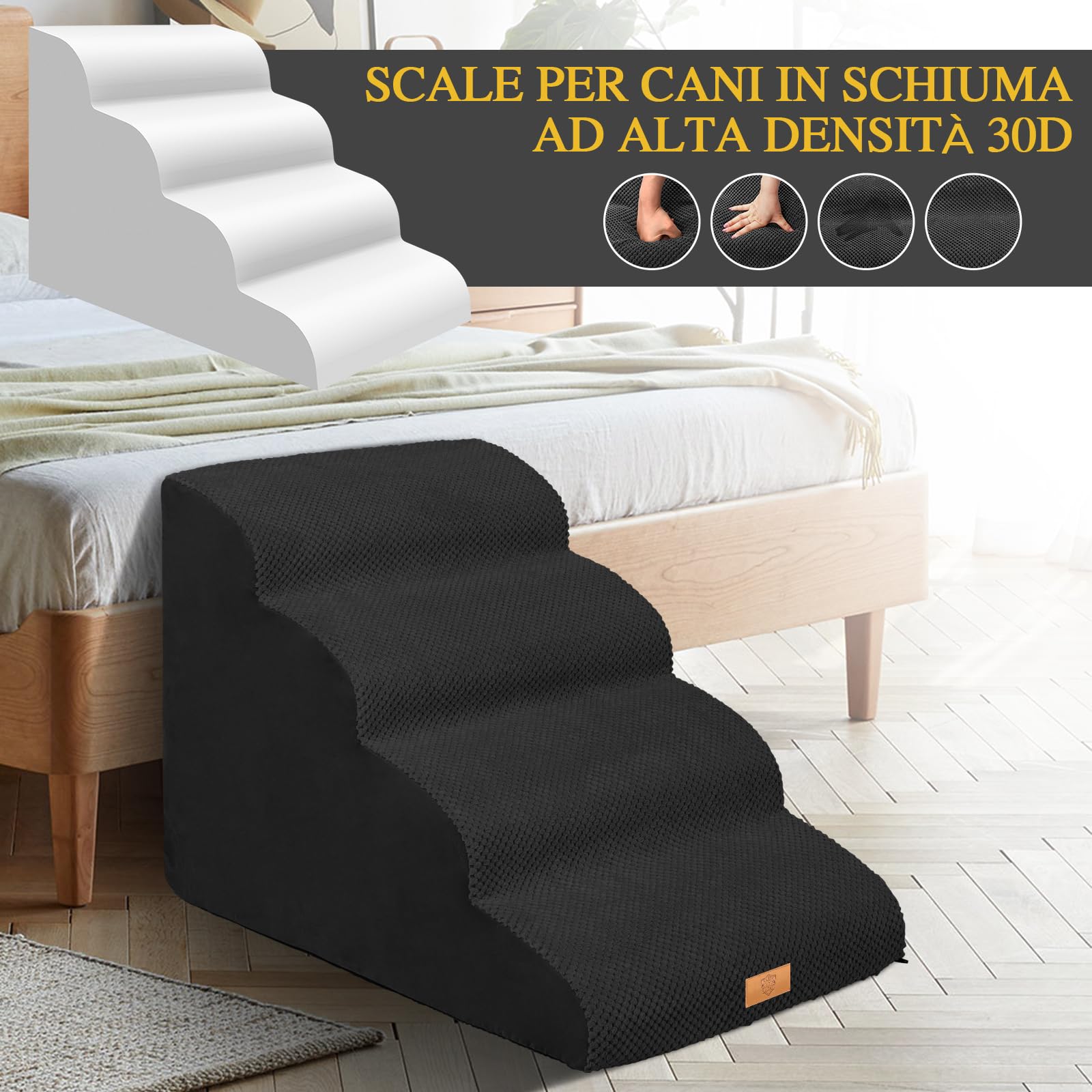 Masthome Scala per Cani Letto, Scaletta per Cani a 4 Gradini in Spugna, Rampa per Cane Antiscivolo, Scale per Animali Domestici con Fodera Rimovibile, Adatto per Animali Anziani, Giovani e Feriti