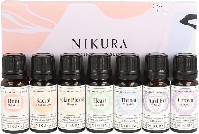 Nikura Chakra Blends Essential Oil Gift Set - 7 x 10ml | Including Root Chakra, Sacral, Solar Plexus, Heart, Throat, Third Eye, Crown Chakra | for Aromatherapy, Candle & Soap Making | Vegan & UK Made
