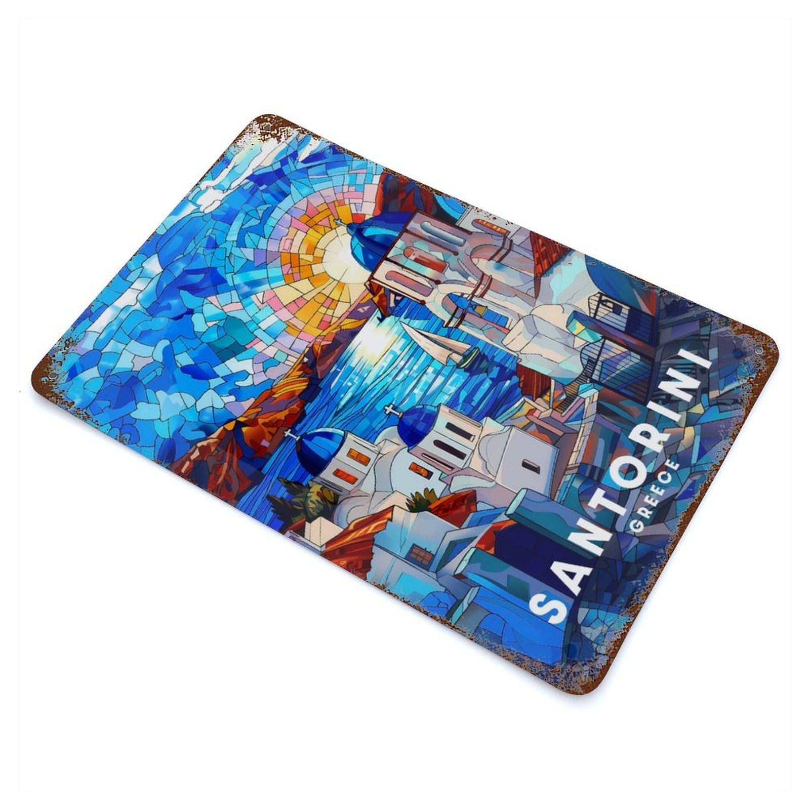 Santorini Rust Effect Tin Sign 11.8"x7.9", Ideal for Shed, Workshop And Garage Wall Decor