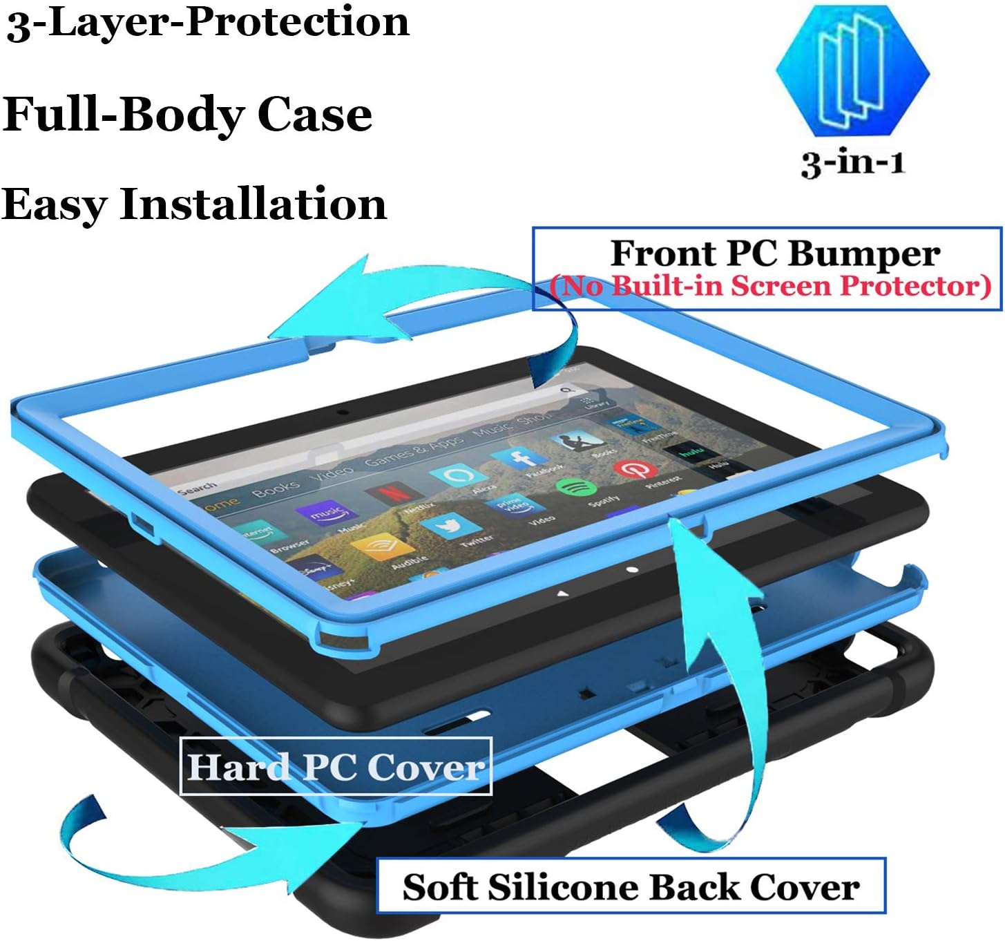 LTROP Case for All-New Kindle Fire HD 8 Tablet and Fire HD 8 Plus Tablet (10th Generation, 2020 Release), 3-Layer Heavy Duty Full-Body Rugged Protective Cover Case for Fire HD 8 Tablet, Black and Blue