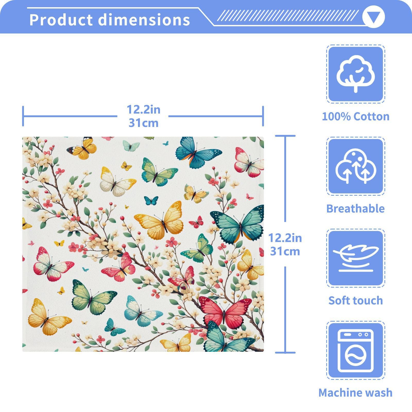 YANENDIE Bright Butterflies on Tree Washcloths Towels, Highly Absorbent and Soft Cotton Face Cloths, 2 Pack Quick Dry Wash Cloths - 12 X 12 Inches