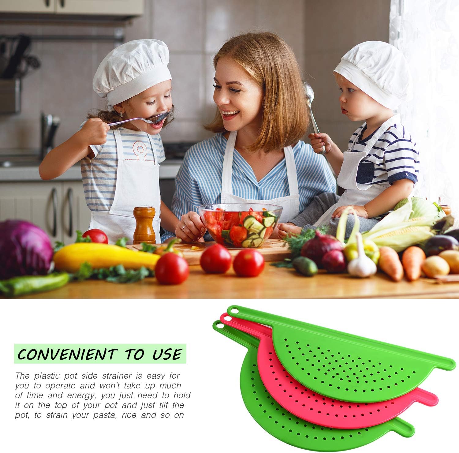 Boao 3 Pcs Pot Strainer Plastic Flat Pan Drainer with Handle, Fits 9 Inch