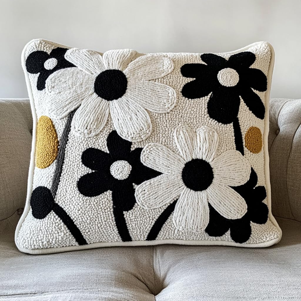 DIY Punch Needle Pillow Kit Black and White Daisy Flowers with Pattern and Hoop Handmade Embroidery Punch Needle Starter Pillowcase Making Set for Home Sofa Decoration 43x43cm-15
