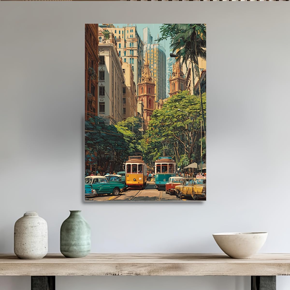LIRHIQYGF Tableau vintage sur toile représentant un paysage urbain, art mural rétro avec tramway, impression sur toile (50 x 70 cm/avec cadre)