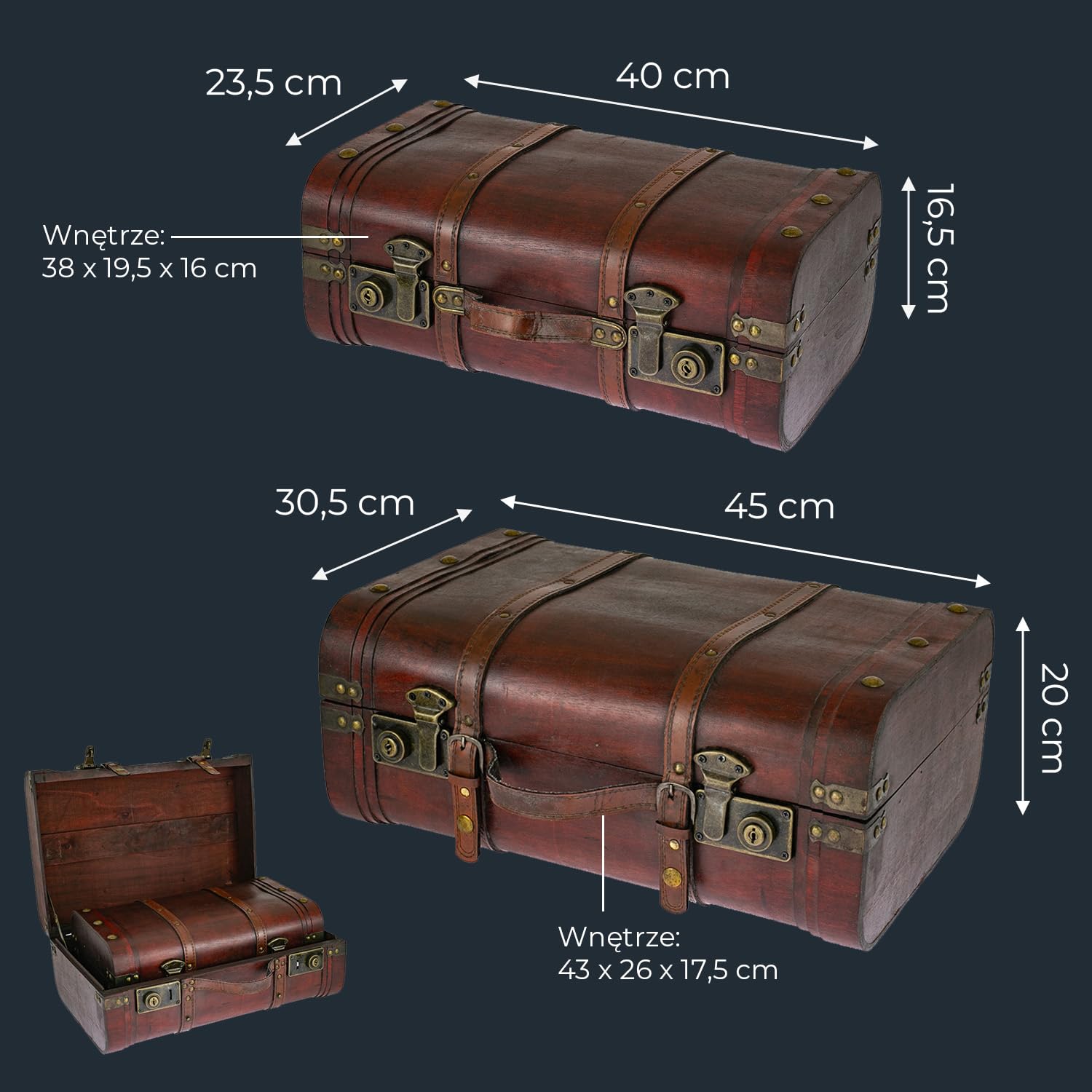 HMF 6412700 Drewniana skrzynia na skarby, walizka w stylu vintage, zestaw 2 sztuk, różne Rozmiary, Peru