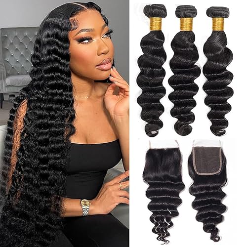 Paquetes de cabello humano virgen brasileño con cierre de encaje 4 x 4, parte libre (24, 26, 28+20, paquetes con cierre)