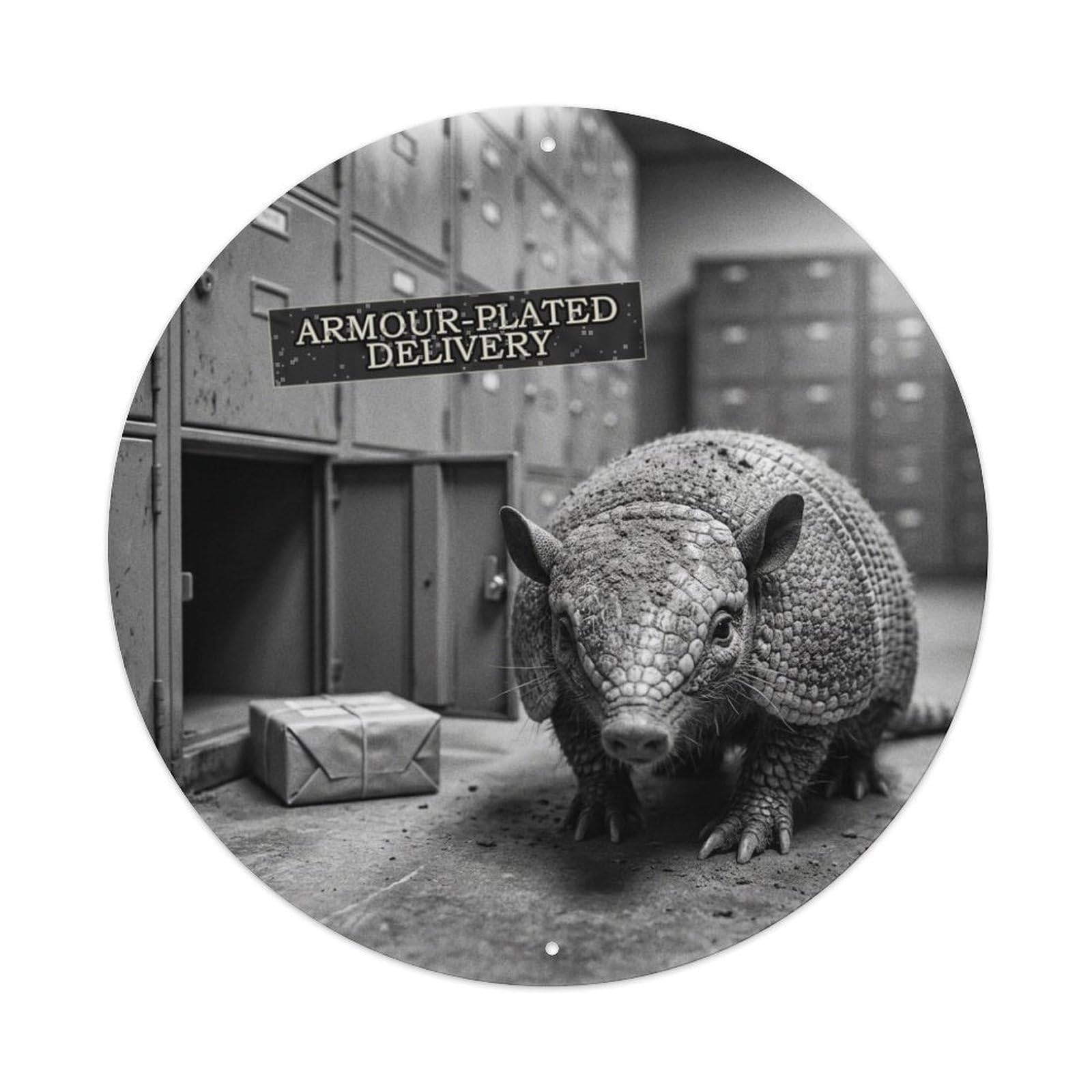 Surreal Animal Armadillo Parcel Locker Anthropomorphic Humor Metal Tin Sign Plaque Wall Decor for Cafe, Man Cave, Club Bar, Office, Home Garden Round Metal Poster 8x8Inch