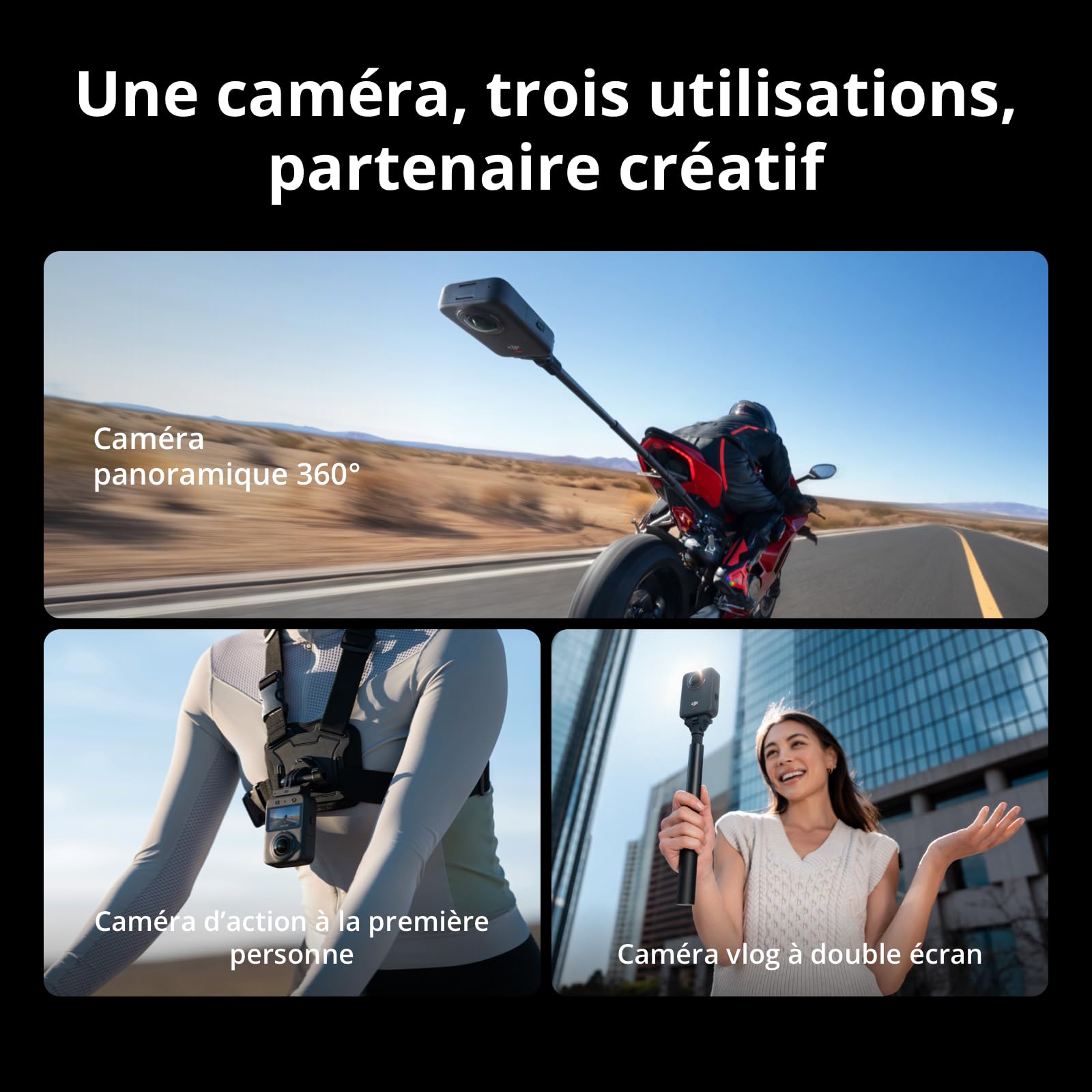 Bundle Essentiel DJI Osmo 360, caméra 360 avec imagerie 360° de 1 Pouce, vidéo 360° en 8K Native, kit de Perche à Selfie Invisible de 1,2 m, autonomie de Batterie prolongée avec 2 Batteries