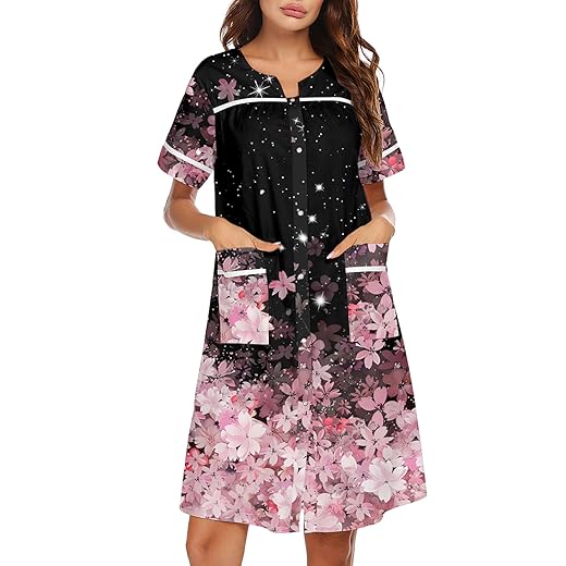 Ekouaer Womens Nightgown Nightshirt Duster Housecoat Short Sleeve Lounger House Dress with Front Snap Black Medium