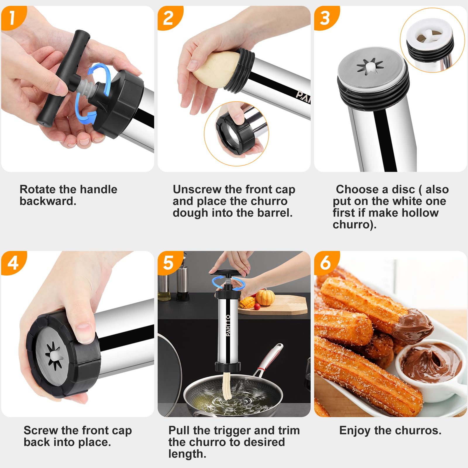 Kit para hacer churros, máquina de churro hueca de acero inoxidable, pistola para hacer churros con bolsa de tuberías y 2 cepillos de limpieza, 4 boquillas para varias formas, máquina para hacer