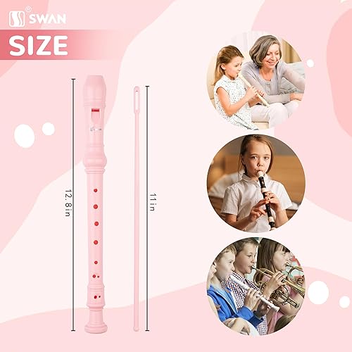Miniatura 3 de SWAN Grabadora soprano para principiantes, flauta alemana de 8 agujeros, desmontable, 3 unidades, ABS, con varilla de limpieza y gráfico de dedos,