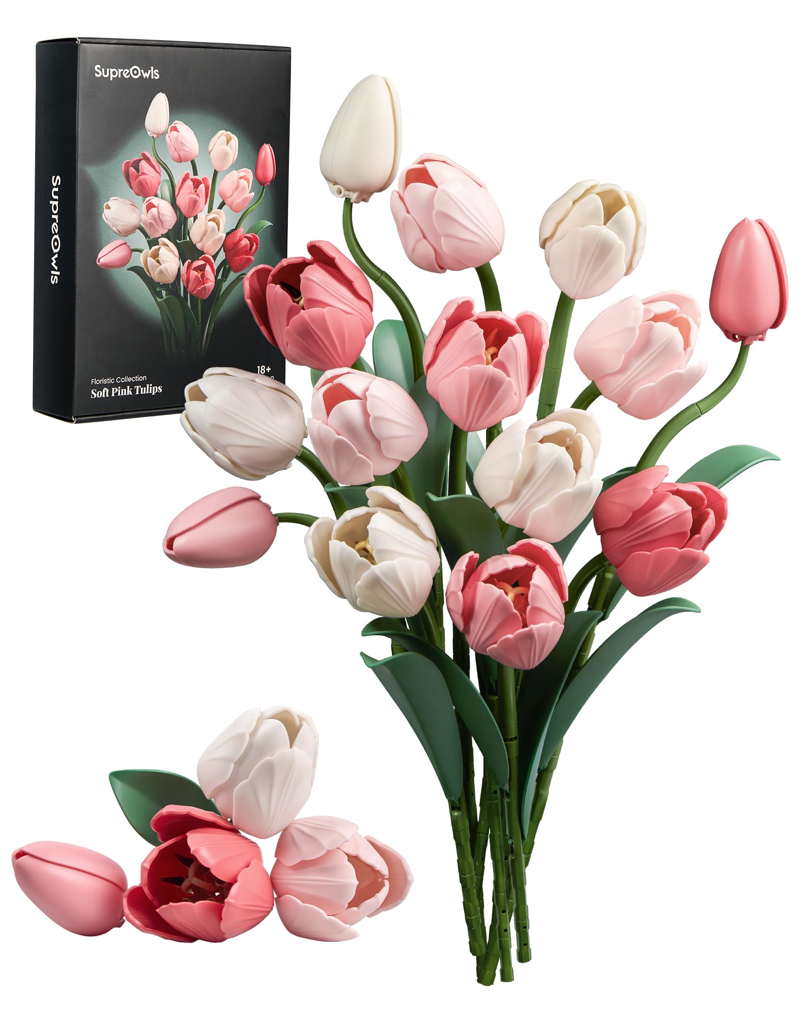 SupreOwls Pink White Botanicals Tulip Bouquet Building Set Artificial Tulips Flowers Gifts for Adults on Birthday, Valentine's Day, Christmas, Home Decor