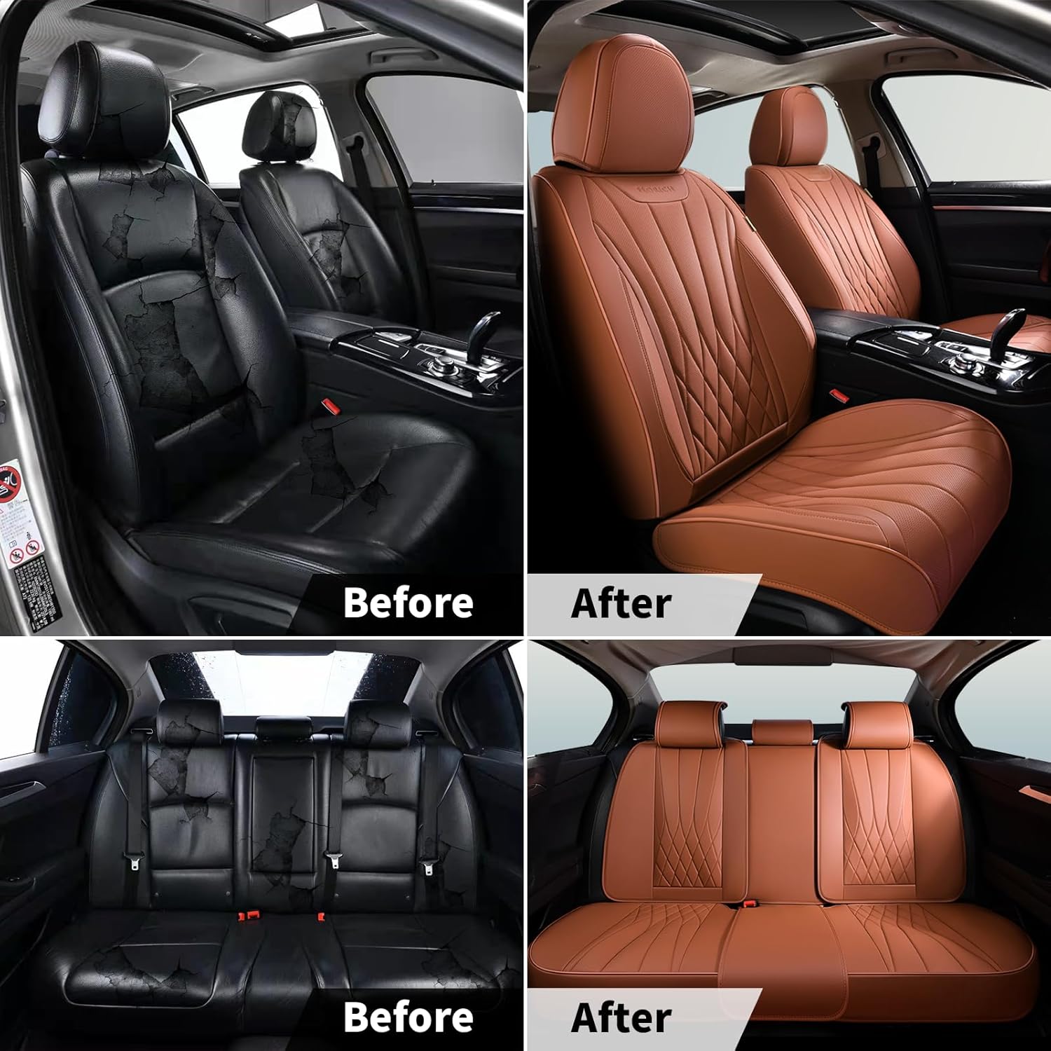 Florich Full Set Car Seat Covers, Automotive Seat Covers for Trucks, SUV, Sedans, Waterproof Nappa Leather Seat Protector Car Accessories for Most Cars - Brown