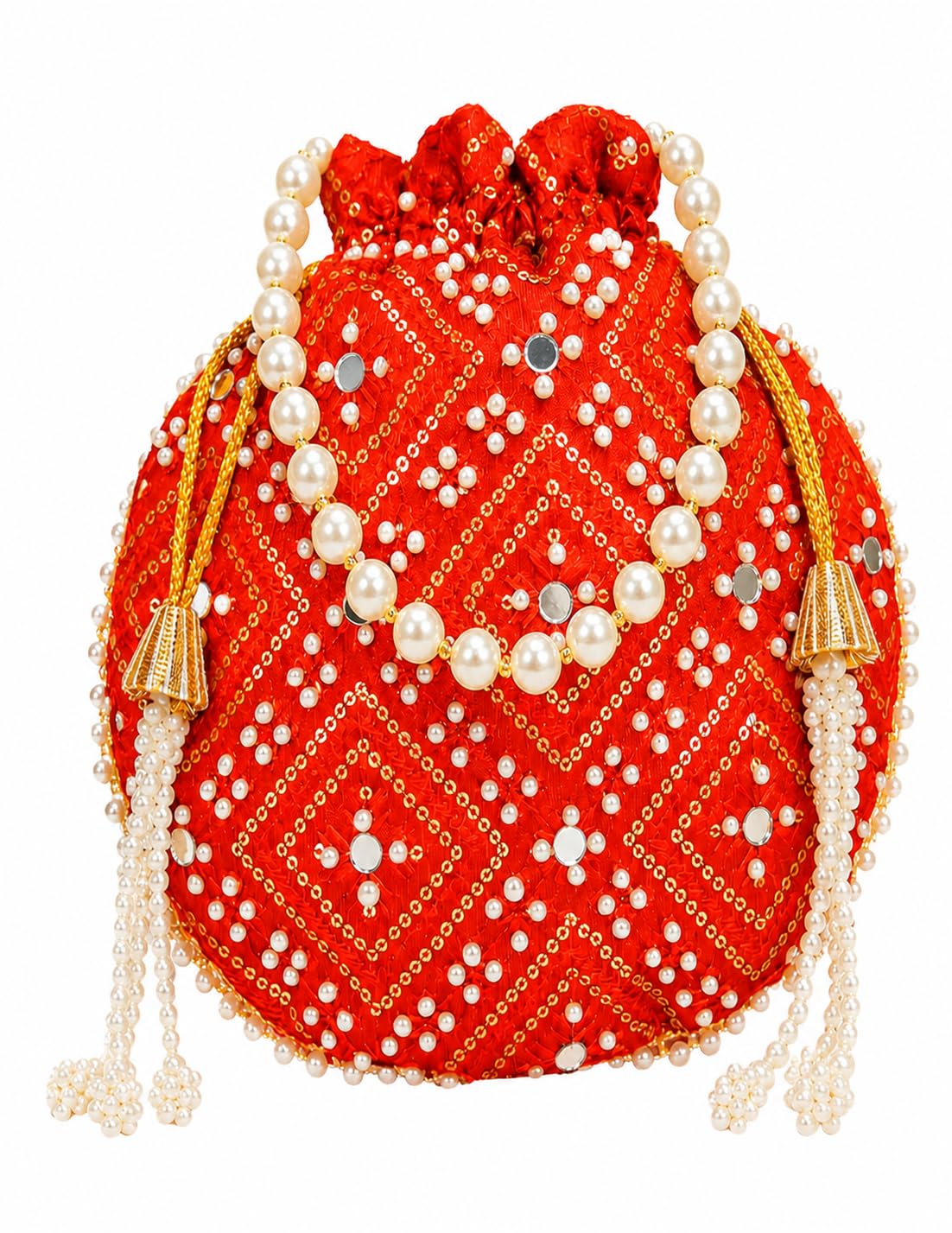 JDDCART Red Embellished Potli Bag with Pearl Handle & Tassels-picture-43
