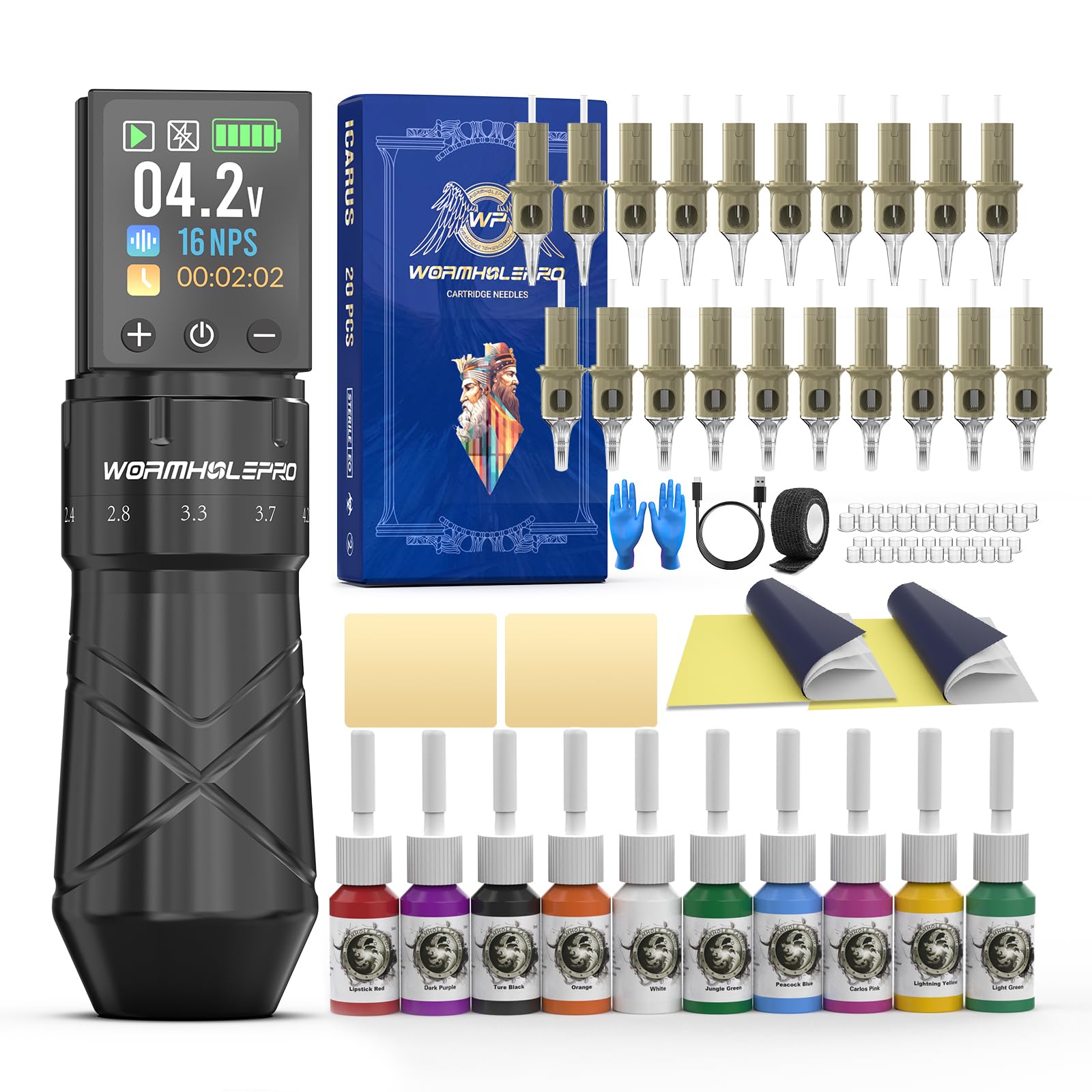 WORMHOLE PRO Tattoo Gun Tattoo Kit with 2,300 mAh Capacity Battery, 5 Adjustable Stroke, Normal/Jump-Start/Dot Working Mode, Wireless Tattoo Machine 20Pcs Tattoo Needles for Artists - Black