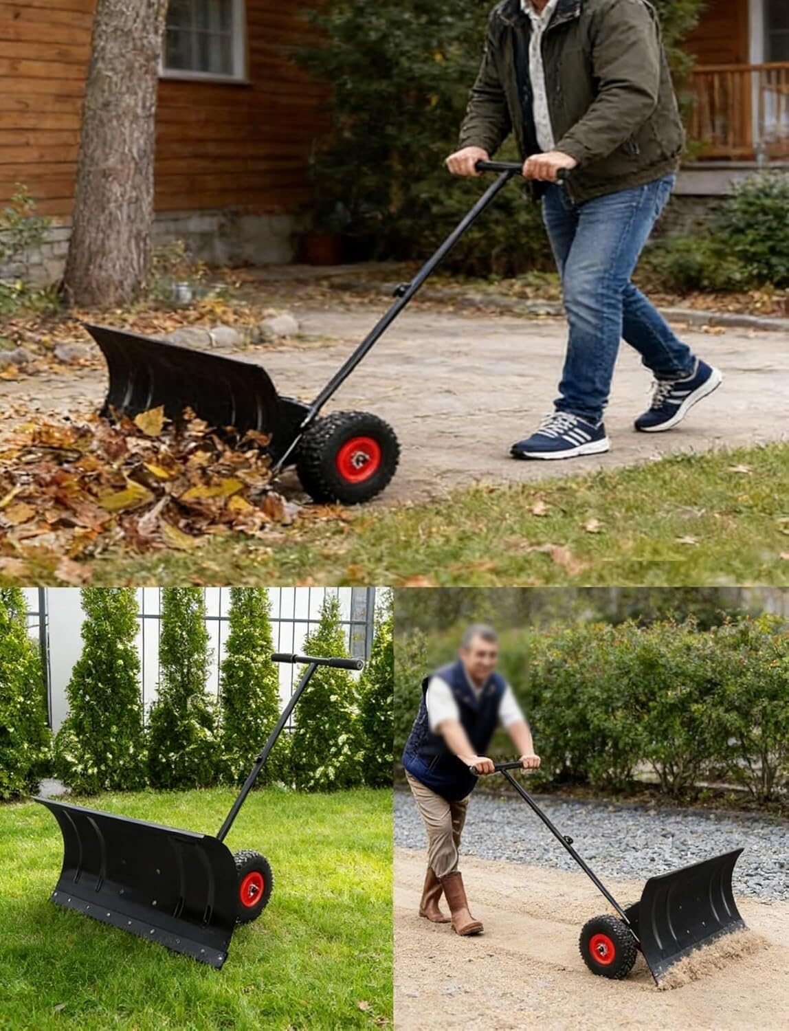 ELEFOCUS Rolling Snow Pusher, Heavy Duty Snow Shovel with Adjustable Height Handle and Directional Blade for Driveways(75x43cm/29x17in)