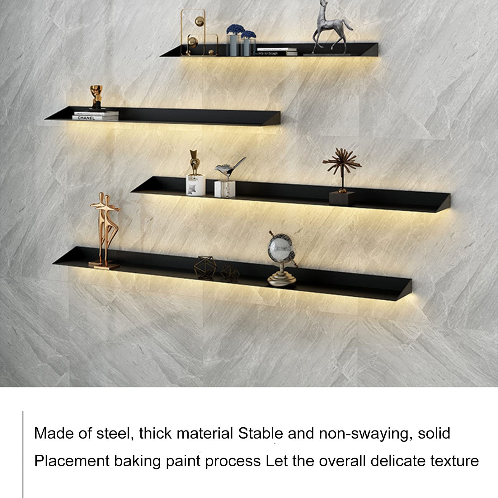Estante de almacenamiento, estantes de pared flotantes, estantes de exhibición de acero montados en la pared con estantes de doble emisión de luz LED cálida para stand de exhibición (negro-150 cm)