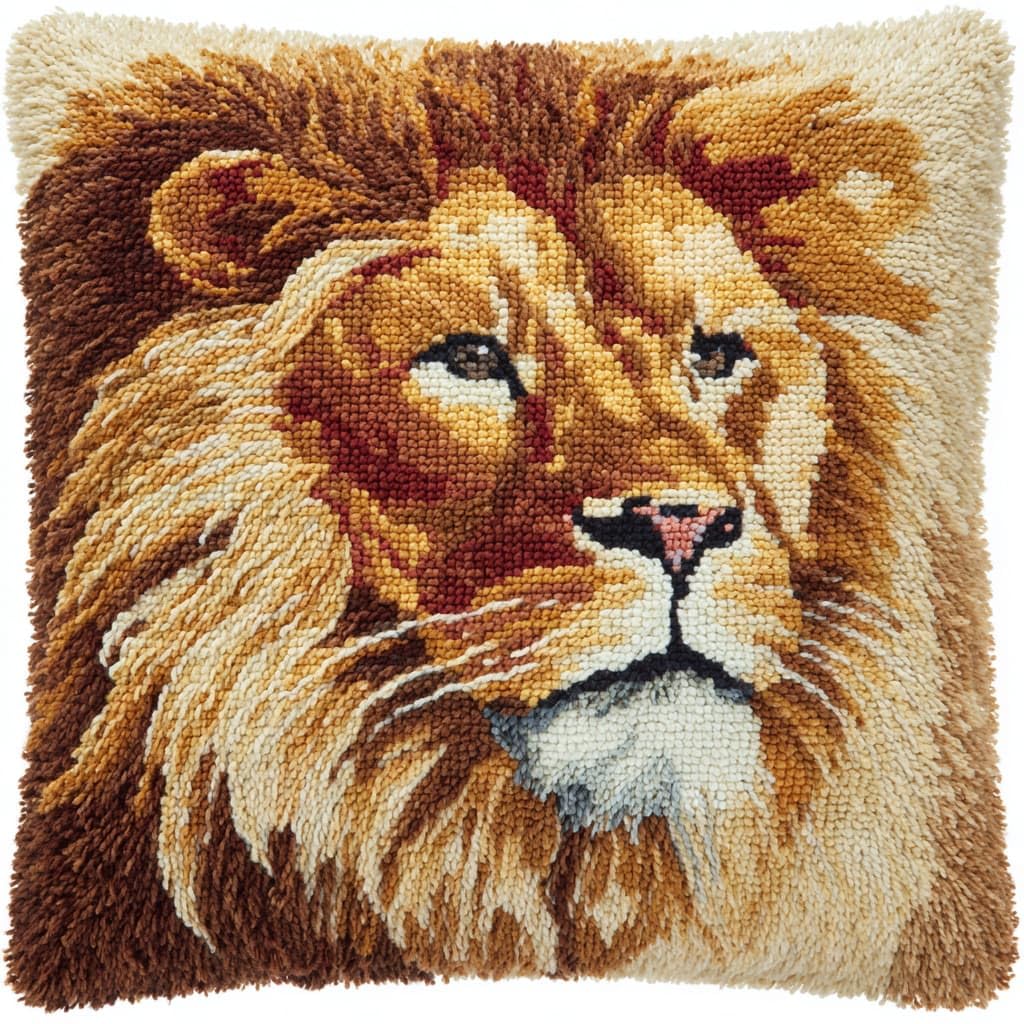 Taxpy DIY Latch Hook Kits, Animal Lion Pillow with Printed Canvas Cushion Crochet Yarn Embroidery Hook and Latch Kit Throw Pillowcase Decoration 43x43cm