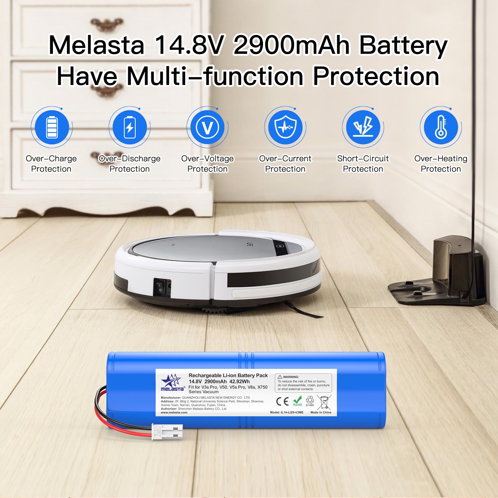 melasta Li-ion Batteria di Ricambio per iLife V3s Pro, V40, V50, V5s Pro, V5x, V80, V8s, V85, X750 Serie, 14,8V 2900mAh per Medion MD13202, MD18500, MD18501, MD18600, MD19510, MD19511 Robot