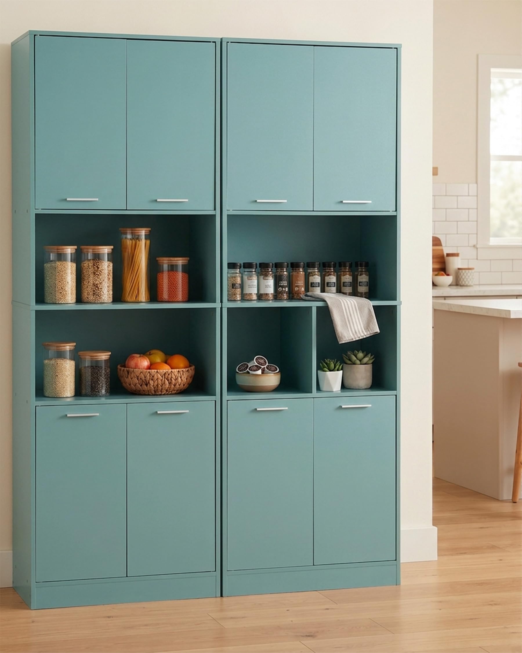 Lot de 2 Meuble Cuisine 60x40x180.5cm Armoire Rangement avec Étagères Réglables Buffet Colonne pour Cuisine Salon Salle de Bain Verte