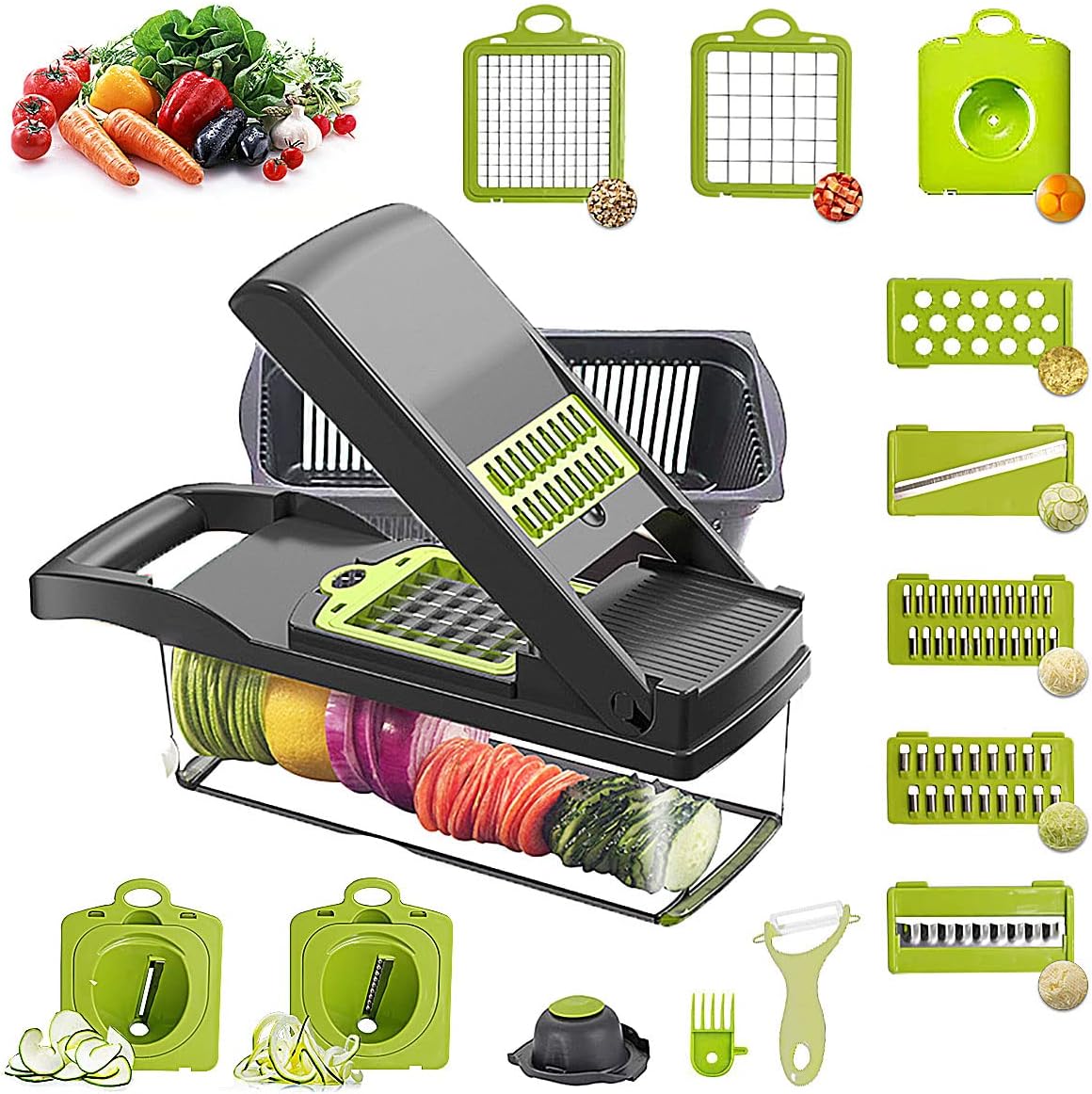Vegetable Chopper Spiralizer Vegetable Slicer Mandoline Slicer 15 in 1 Veggie Chopper with Container Vegetable Dicer Chopper Cutter for Onion Potato Tomato Fruit (Black Spiralizer)