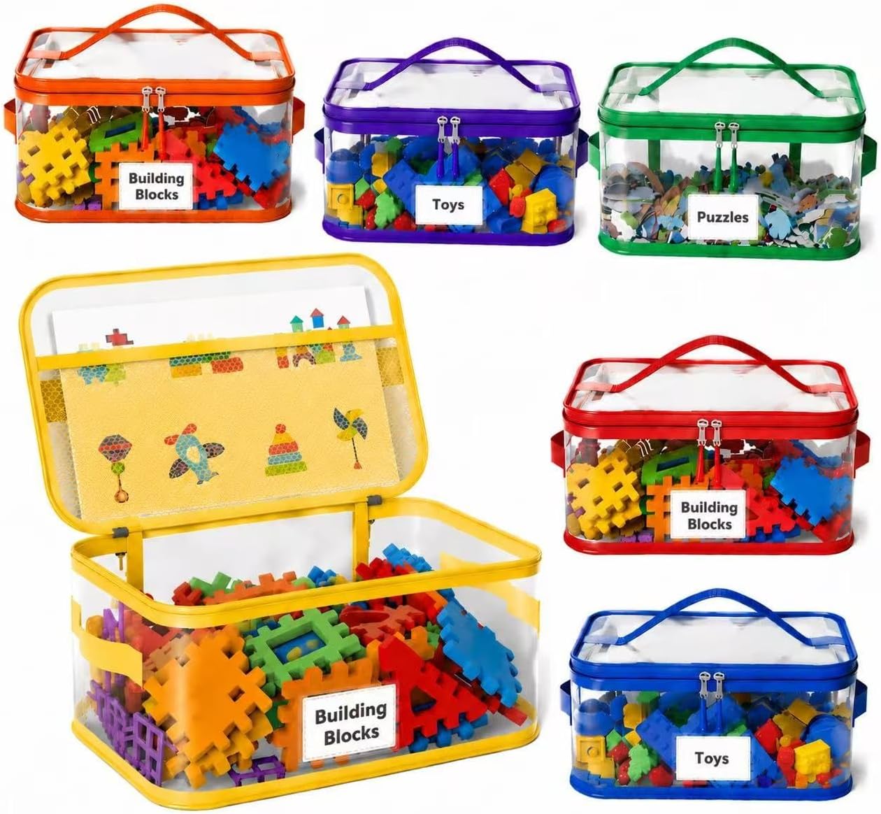 6 Packs Toy Storage Bags with Labels, Colorful PVC Toy Organizer Bags with Side Handle & Zipper, Puzzles, Board Games, Kids Books(L Size(11.81x9.06x7.09 in))