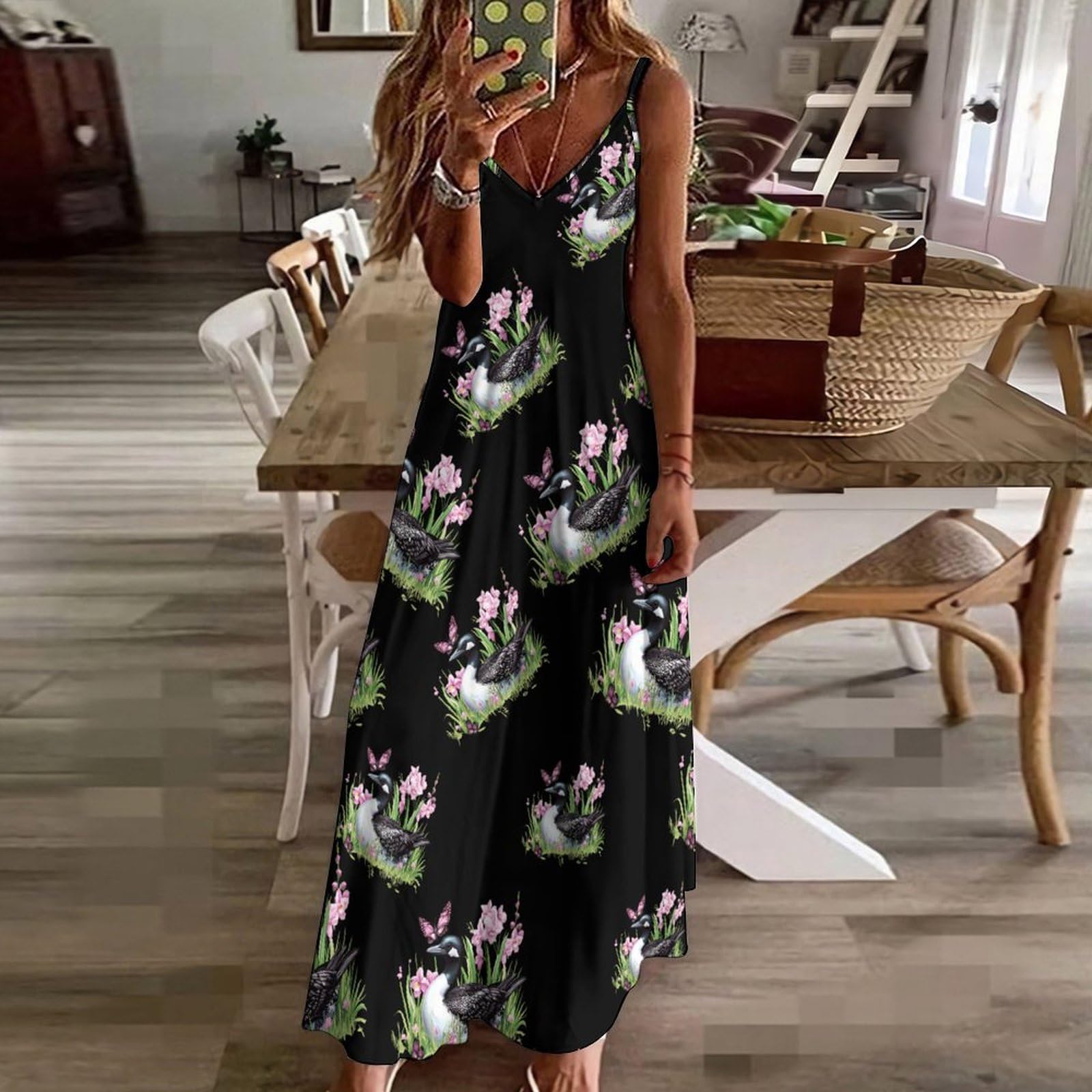 Vestido largo casual con estampado de flores y mariposas para mujer, con tirantes delgados ajustables, vestido de playa