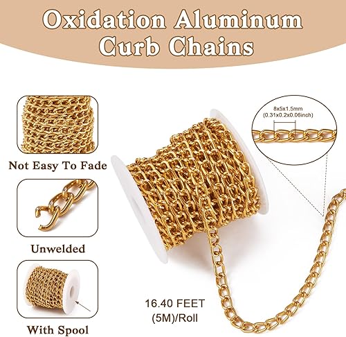 Miniatura 2 de Pandahall - Cadenas de aluminio dorado de 16.4 pies, cadenas de metal de oxidación, cadenas de eslabones ovalados sin soldar, con carrete de 0.315 x