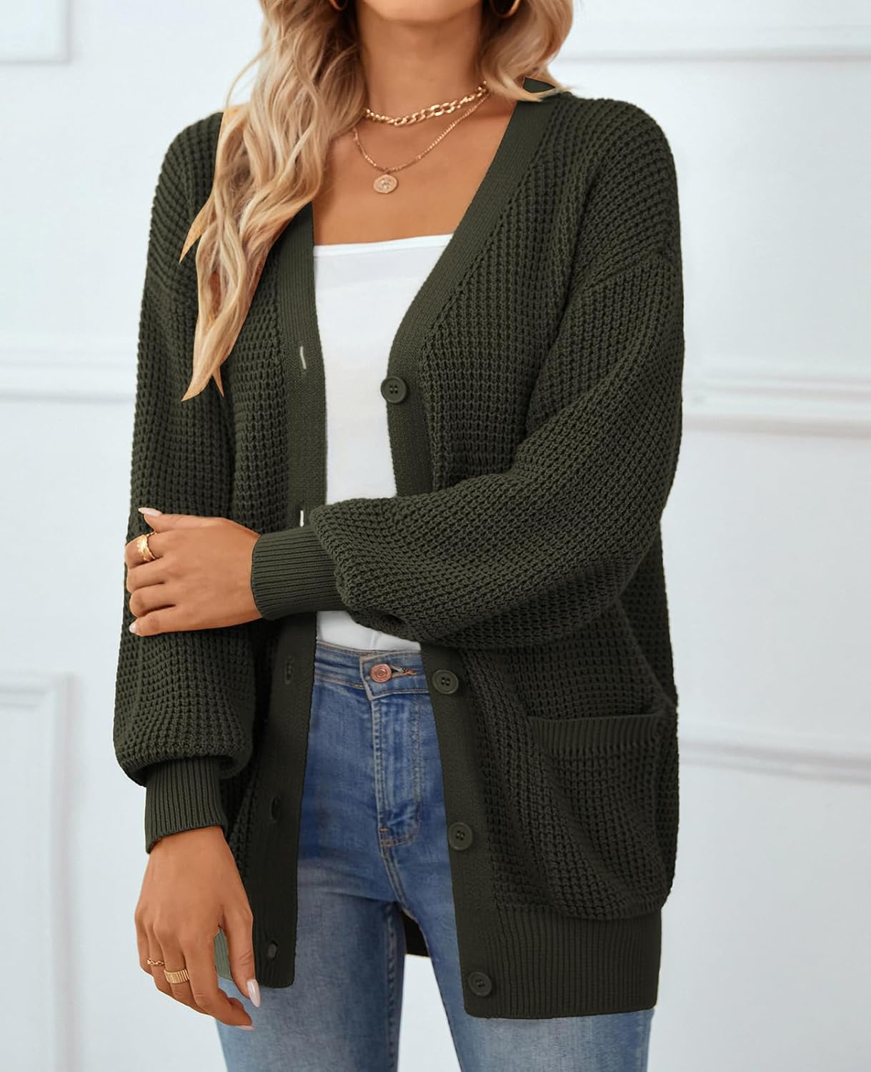 QUALFORT Cardigan Sweaters for Women 100% Cotton Button-Down Oversized Knit Cardigans with Pockets for Fall Winter Trendy - Image 2