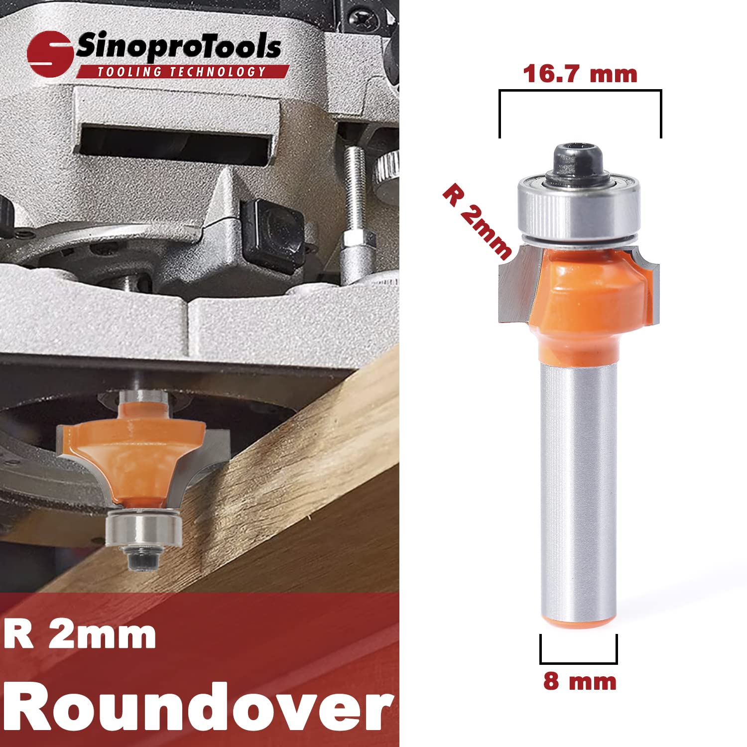 Fraise arrondie de 8 mm, fraise ronde standard rayon 2 mm, fraise arrondie avec roulement à billes, fraise arrondie pour fraise à bord/table de fraisage (tige Ø 8 mm, R2)