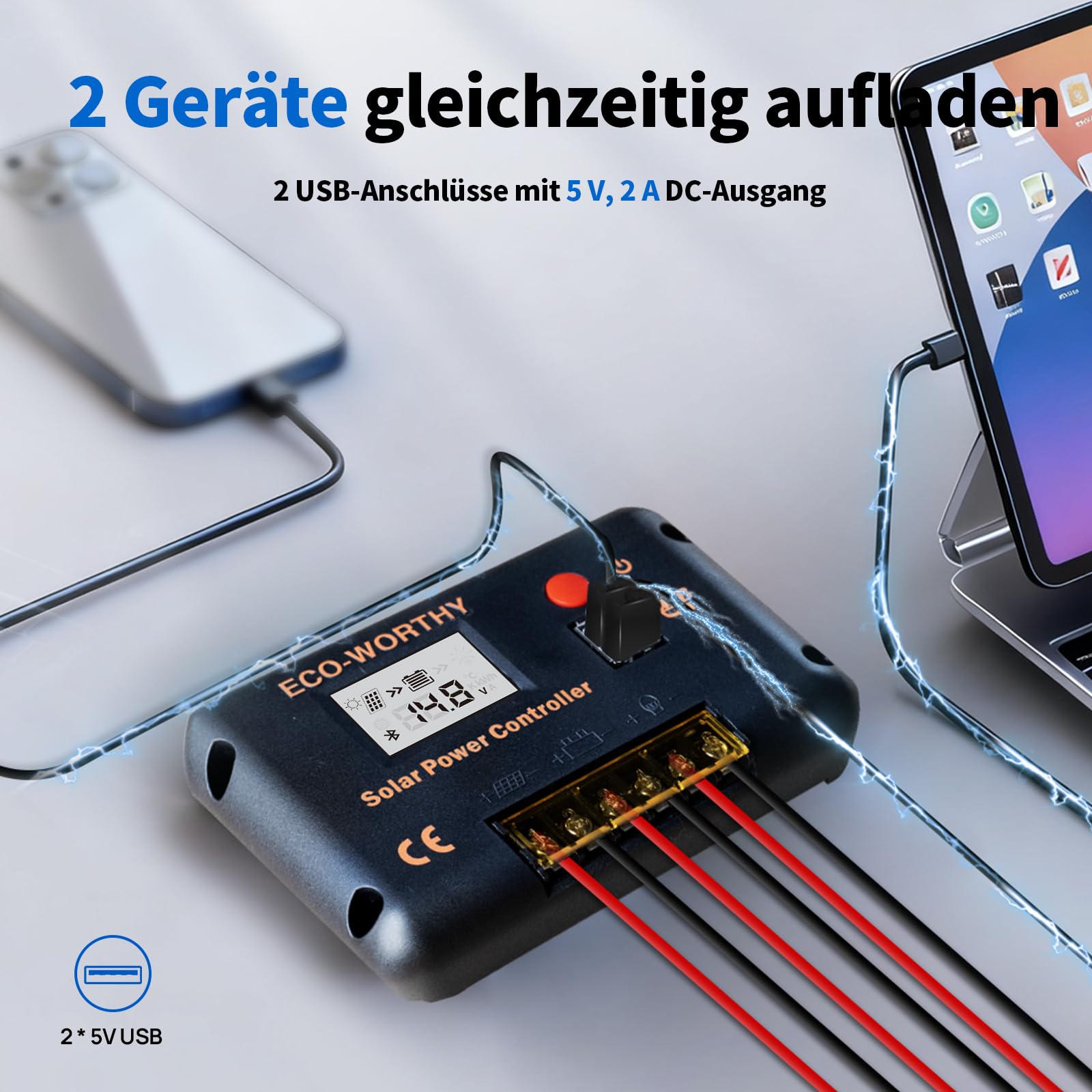 ECO-WORTHY 30A laderegler solar 12v /24v PWM mit Bluetooth & APP Überwachung, Intelligenter Batterie Controller für Solarpanel mit 2 USB-Anschlüssen für AGM/LiFePO4/GEL im Wohnmobil Solar System