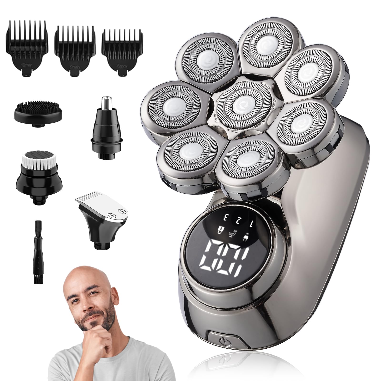 Afeitadora Cabeza Hombre, 8D Maquina Afeitar Cabeza para Calvo, 5 en 1 Afeitadora Electrica Hombre Calva, Maquina de Afeitar Hombre en Seco y Húmedo, con 8 Cabezas Rotativa, Pantalla LED