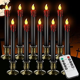 Halloween Flameless Candles 10 Pcs Black Taper Candles with Remote Timer, Battery Operated LED Window Candles Halloween Flickering Candles for Halloween Party Home Decorations