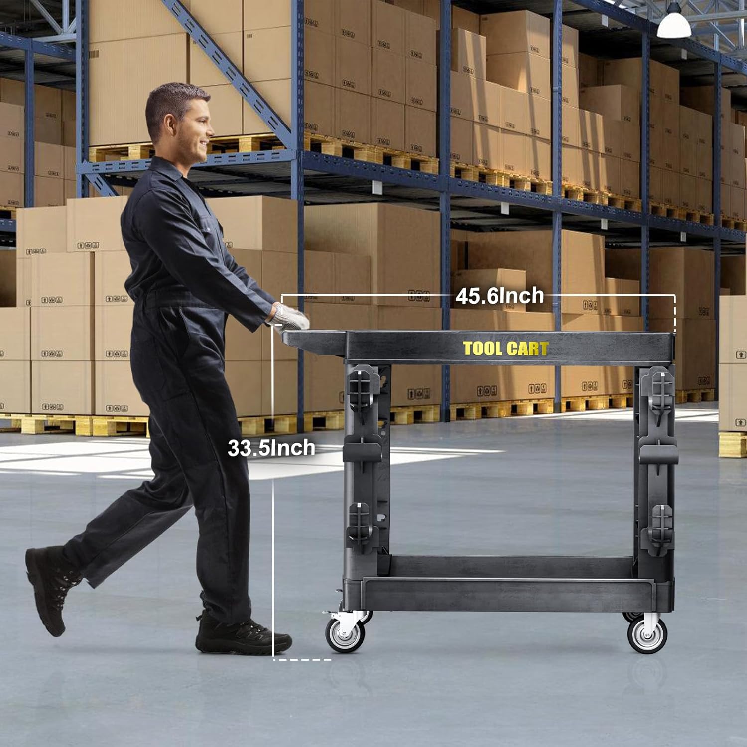 Utility Cart on Wheels, 850lbs Rolling Cart, 42.5X 25 Flat Top Service Cart with Wheels, 2 Shelf Heavy Duty Cart&Hook,Plastic Service Cart for Warehouse,Garage,School,Office,Cleaning- Black