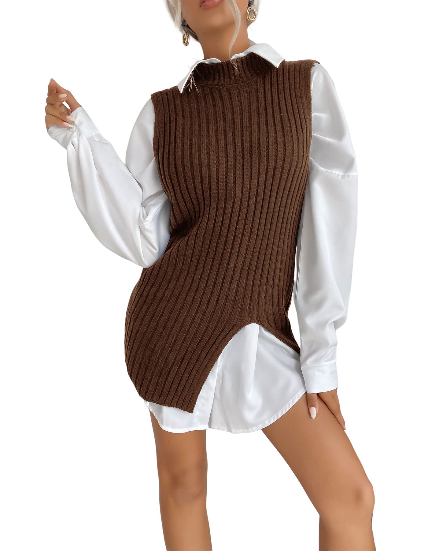 LAJIOJIO Women Cable Knitted Sweater Vest Oversized Sleeveless Crewneck Pullover Tunic Tops Casual Loose Slit Sweatshirt