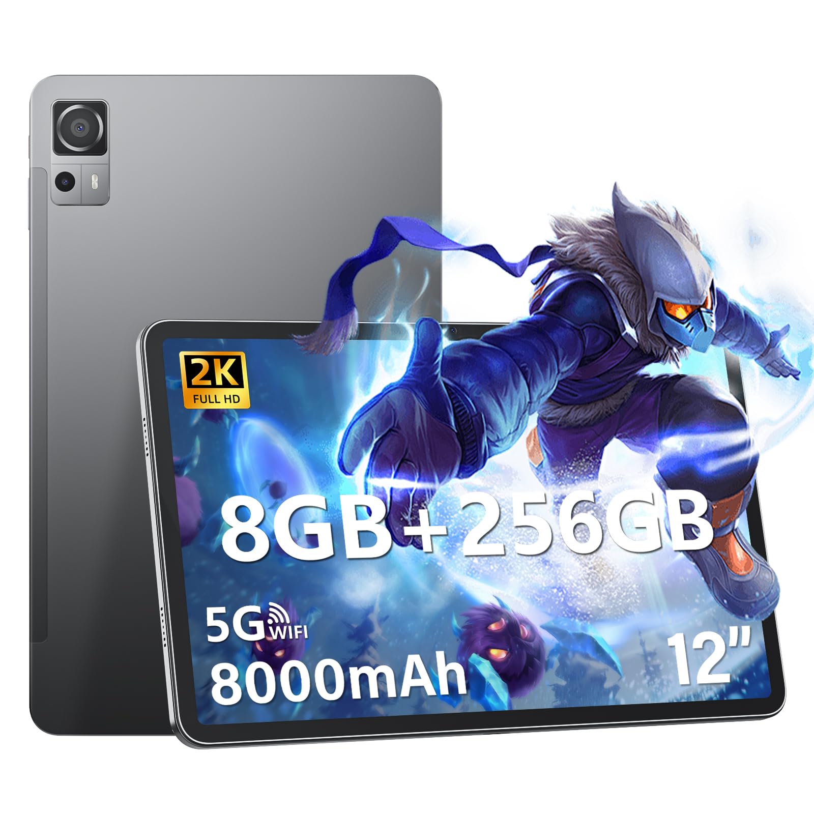 Tableta Android de 12 pulgadas con 8 GB de RAM 256 GB de ROM, procesador Octa-Core 2.0Ghz, pantalla táctil 2000 * 1200 FHD IPS, cámara dual de 5MP + 13MP, batería de 8000 mAh, tableta 2K Android 13, WiFi 5G, Bluetooth 5.0, GPS
